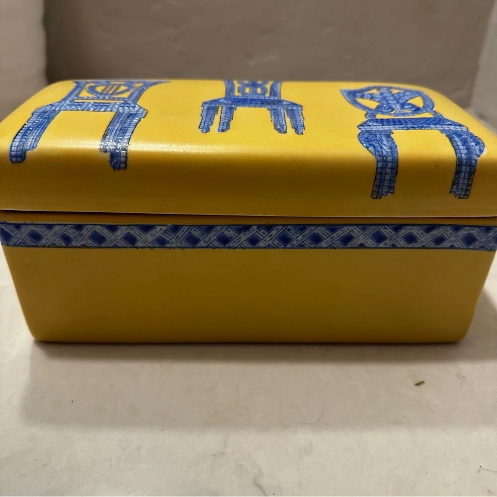 Mid Century Modern Handpainted Ceramic Yellow Trinket Box Blue Chairs